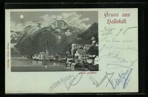 Mondschein-Lithographie Hallstatt, Teilansicht mit See, Kirche, Zwölferkogel und Hirlatz