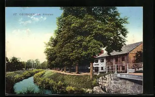 AK St. Georgen am Attersee, Ortspartie mit Uferstrasse und Brücke