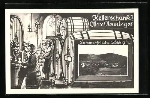 Passepartout-AK Zöbing a. Kamp, Gasthaus Kellerschank Max Neuninger, Keller mit Gästen, Ortsansicht aus der Ferne