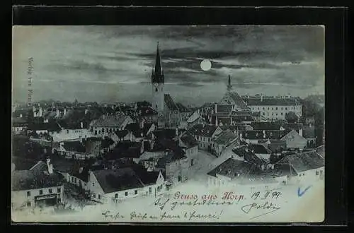 Mondschein-AK Horn, Teilansicht mit Kirche und Strasse aus der Vogelschau