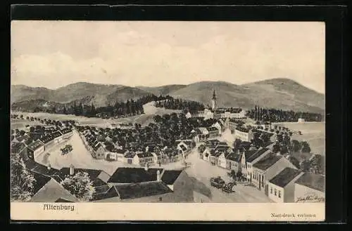Künstler-AK Altenburg, Ortsansicht mit Strassen und Bergpanorama, von oben gesehen