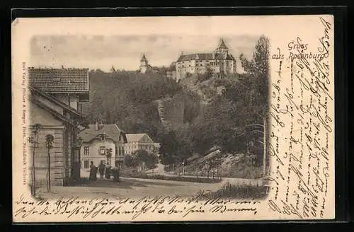 AK Rosenburg, Strassenpartie mit Burgblick