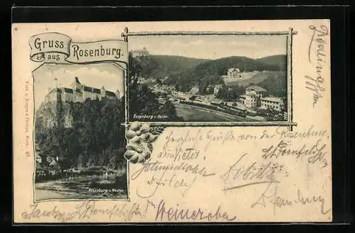 AK Rosenburg, Ortsansicht von Osten, Ortsansicht mit Burg von Westen