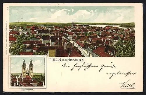 Lithographie Tulln an der Donau, Teilansicht mit Strassenpartie, Pfarrkirche