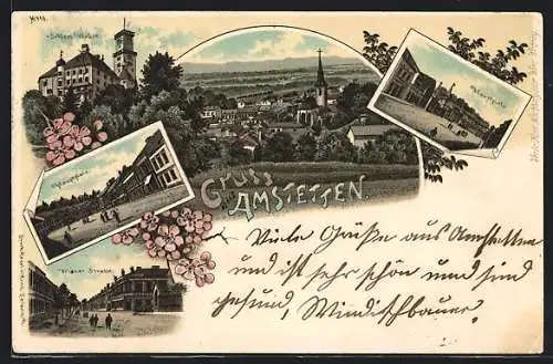 Lithographie Amstetten, Wiener Strasse, Hauptplatz, Schloss Walse, Totalansicht