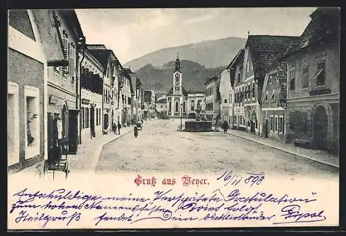 AK Weyer, Strassenpartie mit Geschäften und Kirche