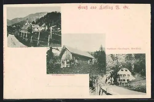 AK Lassing /N.-Oe., Mendling, Gasthaus Staudinger, Hochkaar-Schutzhaus, Ortspartie mit Kirche