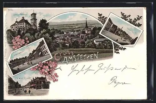 Lithographie Amstetten, Wiener Strasse, Hauptplatz, Schloss Walse, Totalansicht