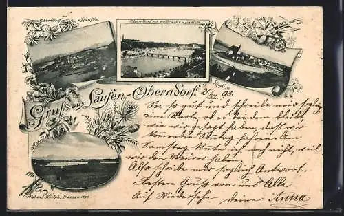 AK Laufen-Oberndorf, Panorama mit Brücke, Laufen, Ortspartie