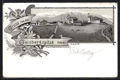 Lithographie Gaisbergspitze, Ortsansicht mit Bergpanorama
