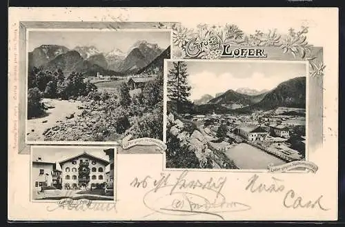 AK Lofer, Gasthof zur Post, Ortspartie gegen die Steinberge, Teilansicht gegen Reithergebirge