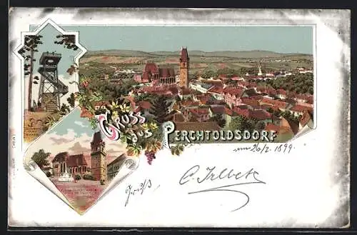 Lithographie Perchtoldsdorf, Teilansicht, Josefswarte auf dem Föhrenberg, Kirche, Turm u. Mariensäule am Marktplatz