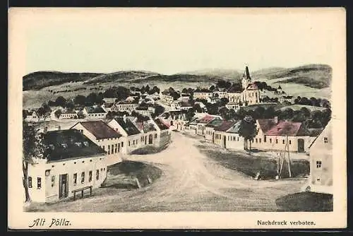 Künstler-AK Alt Pölla, Teilansicht mit Kirche und Strassenpartie