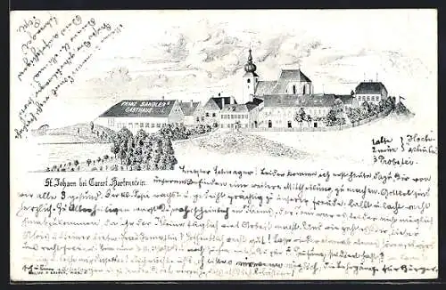 Lithographie St. Johann bei Hartenstein, Gasthaus Franz Sandler und Kirche