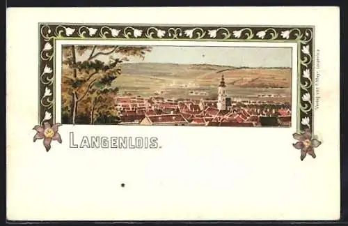 Lithographie Langenlois, Blick über die Dächer, Rahmen mit Blumen