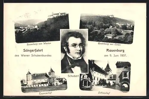 AK Rosenburg, Sängerfahrt des Wiener Schubertbundes, Tournierhof, Schlosshof, Portrait