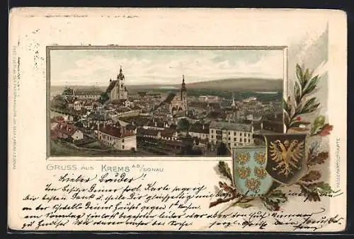 Passepartout-Lithographie Krems, Gesamtansicht, Wappen