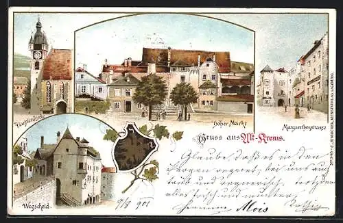 Lithographie Krems, Hoher Markt, Piaristenkirche, Wegscheid