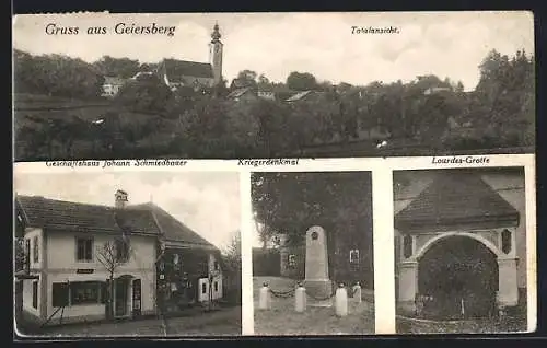 AK Geiersberg, Geschäftshaus Johann Schmiedbauer, Kriegerdenkmal, Totalansicht