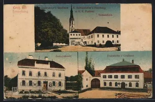 AK Lohnsburg, Gasthaus Fruhstorfers, Blick zum Gemeindeamt, Blick zur Kirche mit Gasthaus Gadermaiers