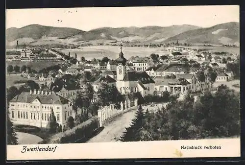 AK Zwentendorf, Ortsansicht mit Strasse und Bergpanorama aus der Vogelschau