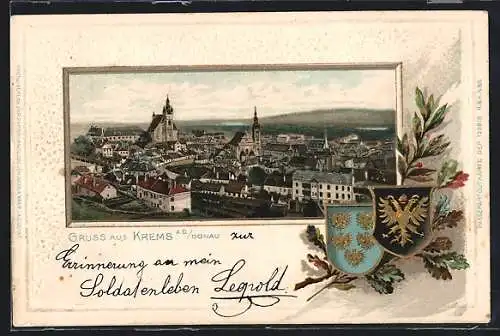 Passepartout-Lithographie Krems, Gesamtansicht, Wappen
