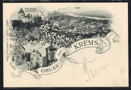 AK Krems, Wegscheid, Pulverturm und Schiesstätte, Ortsansicht aus der Vogelschau