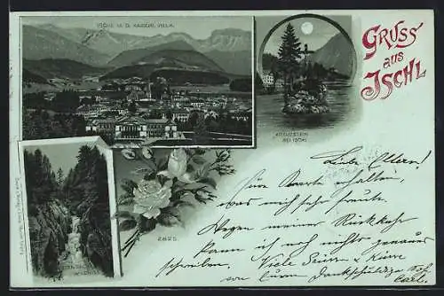 Mondschein-Lithographie Ischl, Kreuzstein, Rettenbach-Wildniss, Ortsansicht mit der Kaiserl. Villa, Rosen