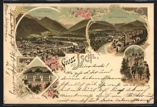Lithographie Ischl, Blick vom Calvarienberg, Kaiserliche Villa, Trauntal