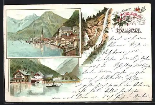 Lithographie Hallstatt, Panoramablick auf die Ortschaft