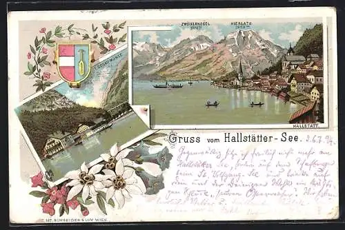 Lithographie Hallstatt, Ortsansicht mit See, Zwölferkogel und Hierlats, Wappen, Gosau-Mühle, Blumen