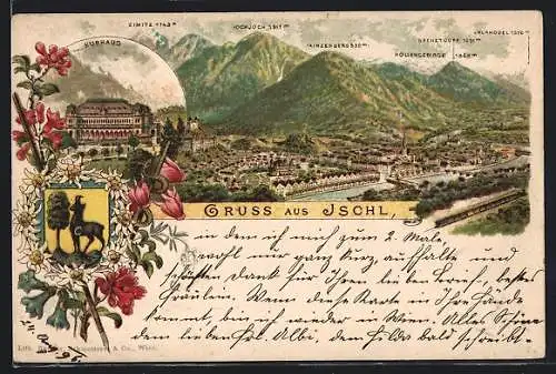 Lithographie Ischl, Kurhaus, Wappen im Edelweiss-Kranz, Ortsansicht mit Bergpanorama und Brücken