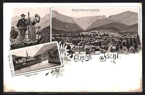 Lithographie Ischl, Ortsansicht von oben, Esplanade, Frau mit Fernglas