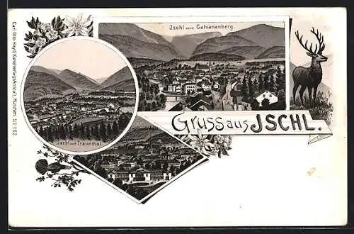 Lithographie Ischl, Teilansicht mit Kaiserl. Villa, Ortsansicht vom Calvarienberg, Hirsch, Auerhahn