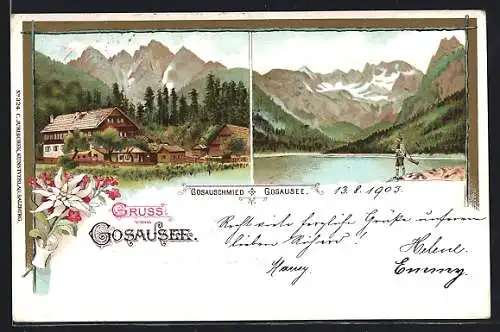 Lithographie Gosausee, Gasthaus Gosauschmied