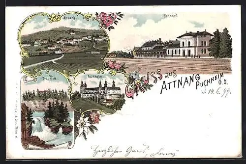 Lithographie Attnang-Puchheim, Bahnhof, Traunfall, Teilansicht