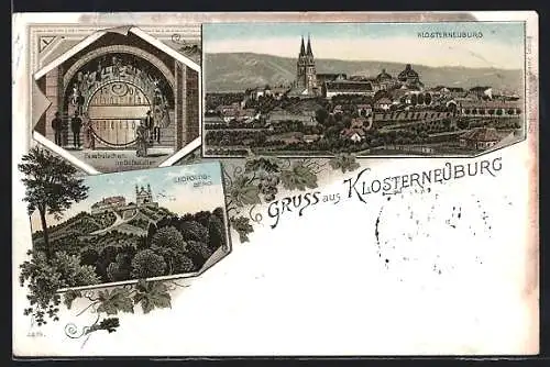 Lithographie Klosterneuburg, Leopoldsberg mit Stiftskeller