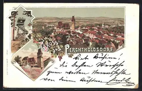 Lithographie Perchtoldsdorf, Marktplatz mit Kirche, Turm u. Mariensäule, Ortsansicht aus der Vogelschau