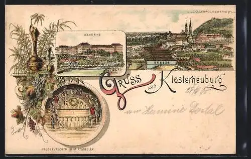 Lithographie Klosterneuburg, Kaserne, Ortsansicht mit Leopoldsberg, Fasslrutschen im Stiftskeller