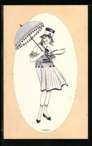 Künstler-AK E. Weber: junge Dame mit Hut und Schirm