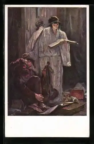 Künstler-AK Hedwig Wollner: Sinnspruch, ein hübsches Mädchen liest einem Naar vor