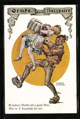 Künstler-AK Hubert von Zwickle: Salzburg, Salzburger in Tracht stemmt eine Kellnerin mit Bierkrügen in die Höhe