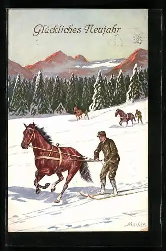 Künstler-AK Alfred Mailick: Männer auf Ski von Pferden gezogen