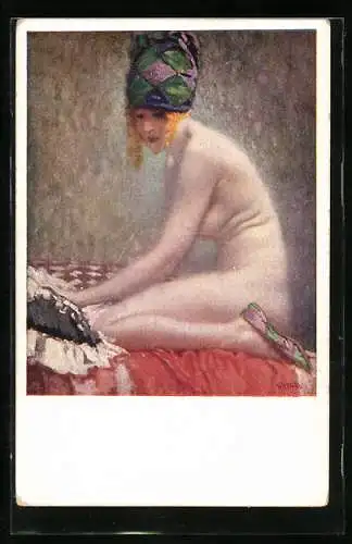 Künstler-AK H. Krenes: Schmetterling. Nackte Dame mit extravaganter Kopfbedeckung