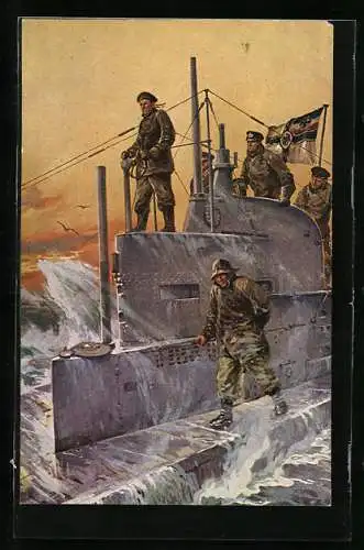 Künstler-AK Willy Stoewer: U-Boot-Spende 1917, Auf dem Kommandoturm eines U-Bootes