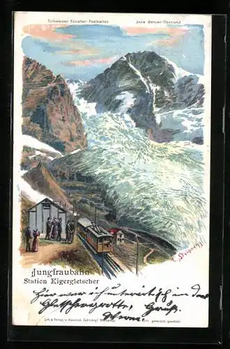 Künstler-Lithographie C. Steinmann: Eigergletscher, Station der Jungfraubahn, Bergbahn