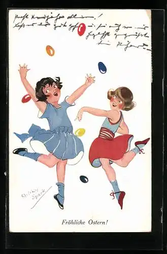 Künstler-AK Chicky Spark: Joyeuses Pâques, Mädchen mit Ostereiern