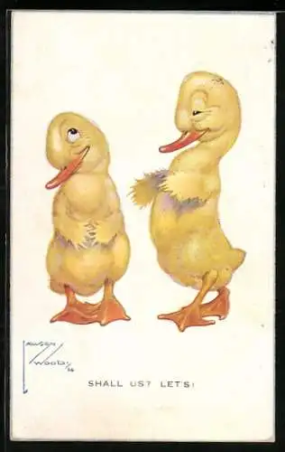 Künstler-AK Lawson Wood: Shall us? Let`s!, Zwei Gänseküken