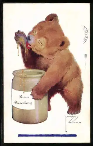 Künstler-AK Lawson Wood: Mal so was Süsses braucht ein jeder Mann, Bär nascht Honig