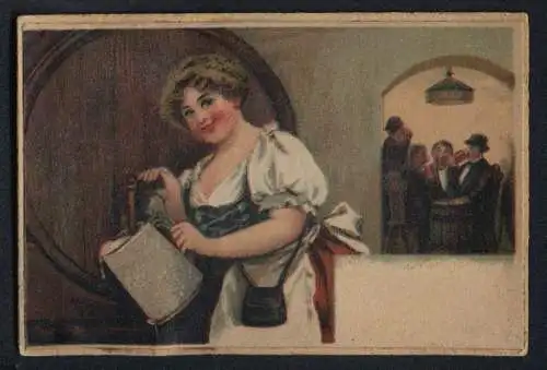 Mechanische-AK Kellnerin zapft Bier, ein Gast trinkt es, Sand-Füllmechanik, Trinkerhumor